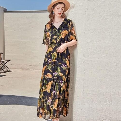 Black golden chiffon silk floral maxi dress women 2020 summer long work boho beach office sexy party luxury dresses plus size