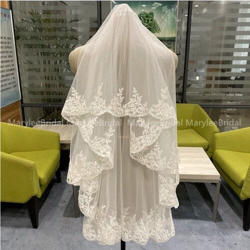 100% Real Photos Two Layers Bridal Veils With Gold Comb Top Quality Tulle With Lace Appliques Women Wedding Veil 50cm*100cm