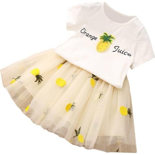 Summer Girls Clothing Set Sweet Pineapple Embroidered Mesh Tutu Girls Skirt Suit Cotton T-shirt + Skirt 2Pcs Casual Kids Outfits