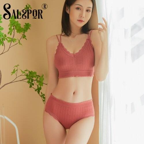 SALSPOR Solid Underwear Sets Lingerie Women Double Sexy Cross Straps Elastic Ruffle Underwear Seamless All-Match Bra Suit