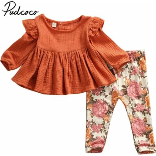 Toddler Girl Clothes 2PCS Baby Girl Outfit Long Sleeve Cotton Linen Dresses+Long Pants Toddler Kid Clothes Set Size 6M-5 Years