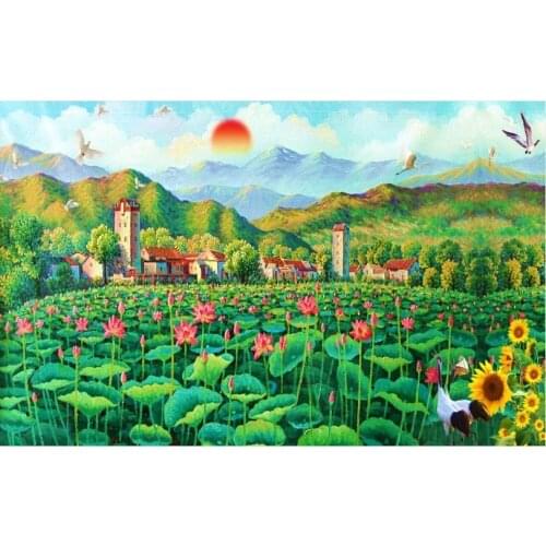 Jigsaw Wooden Lotus Puzzle 1000 Pieces 500/1500 PCS Adult Antistress Landscape Kids Educational Toy Birthday Gift Decoration