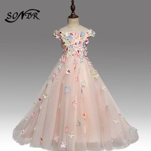 Colorful Appliques Flower Girl Dress HT160 Elegant Boat Neck Off The Shoulder Girls Pageant Dresses Kids Princess Ball Gown