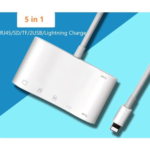 5 in 1 Lightning Hub RJ45 Ethernet Wired Adapter, for iPhone11Pro/iPad,OTG TF/SD/USB Camera Reader,charging,512/256/128GB,iOS13