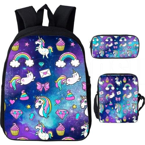 3PCS Mochila Para Hombre Rainbow Pink Unicorn Backpack 12/16inch Anime Unicorn Bookbag Girls School Backpack 3D Print Bag Pack