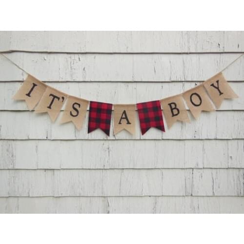 Custom it is a boy Lumberjack woodland birthday burlap Banners baby shower nursery room sign party Buntings garlands Photo Prop