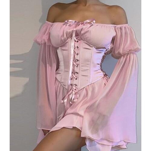Y2K Sexy Mesh Pink Mini Dress Vintage Bandage Off Shoulder Puff Sleeve Dress Streetwear High Waist Club Party Dress