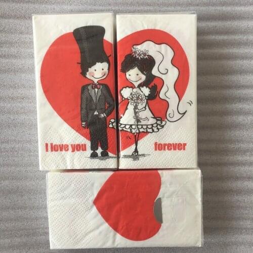 Wedding napkin paper bride groom tissue printed flower red heart I love you for ever small handkerchief party 3packs(30 pcs)