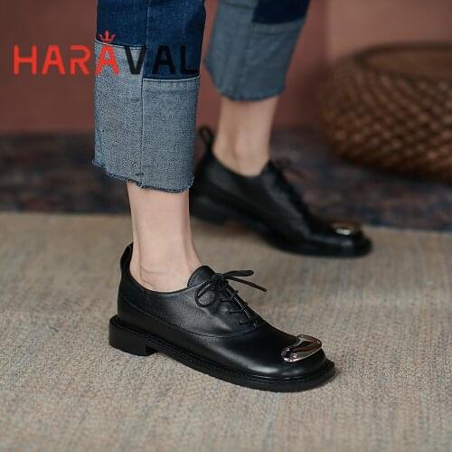 HARAVAL Women Pumps Shoes Round Toe Black White Fashion Solid Casual Elegant Sewing Lace Up Spring Autumn Shoes Women A336
