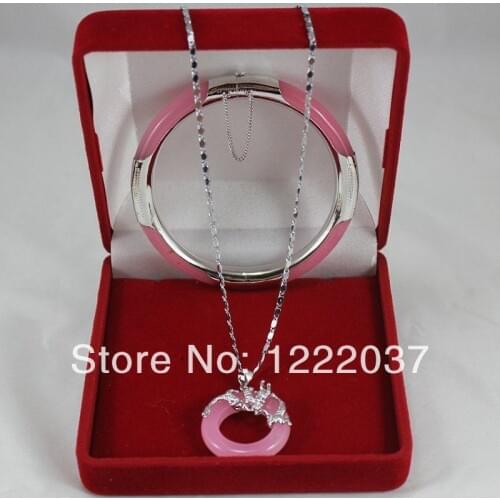 Wonderful pink jade Circle Dragon Pendants Necklace Bracelet Set