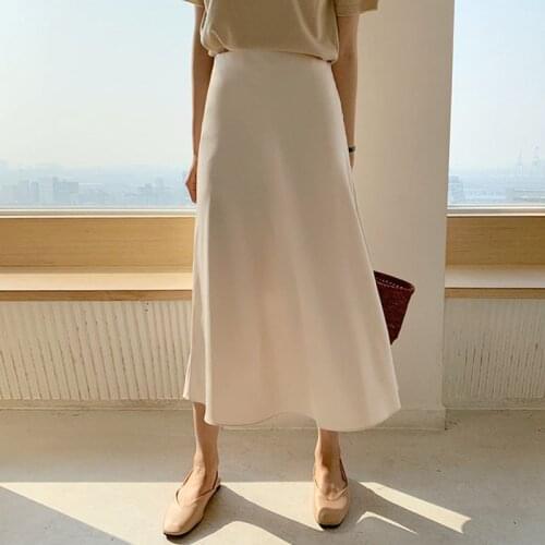 Limiguyue Spring Summer Silky Shiny Elegant High Waist Satin Skirt Women Casual Silk Slim A-Line Midi Skirts Pink Apricot K348