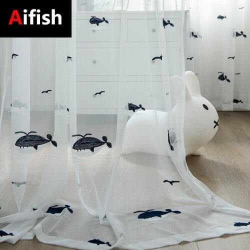 Cartoon Whale Embroidered Sheer Voile Curtains For Childrens Living Room Navy Blue Baby Bedroom Window Tulle Fabric Decoration