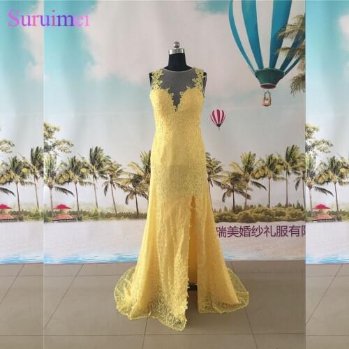 Yellow Evening Dresses Lace High Neck Nude Back See Through Side Slit Semi Formal Evening Dress Prom Gown