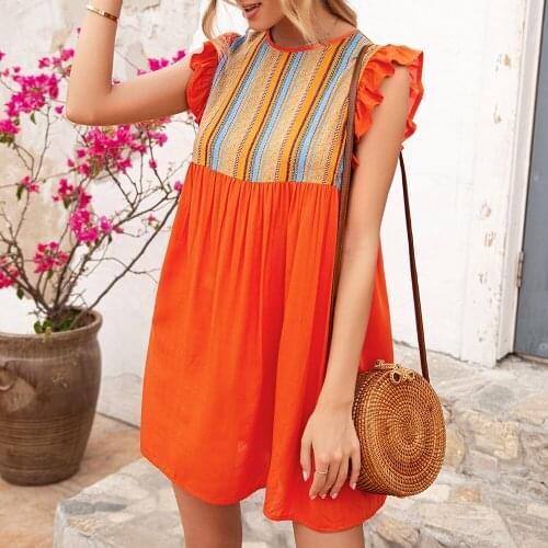 Women’s Casual Ruffles Sleeve T-shirt Summer Fashion Geometric Print Stitching Pullover Tops