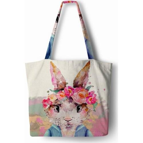 Customized plant rabbit flower printing Handbag Linen polyester women shopping Tote Home Storage with Casual Traveling Beach Bag