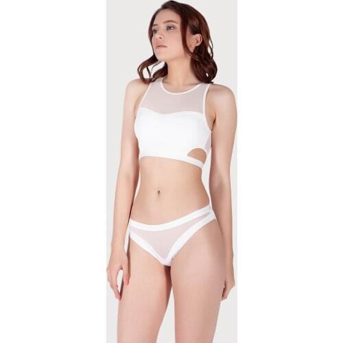 Womens Cream Transparan Lined Detailed Sports Bra Set