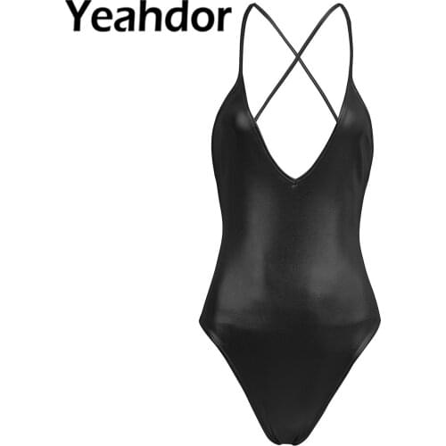 Women Adult Patent Leather Dance Leotard Spaghetti Shoulder Straps Deep V One Piece Thong Monokini Cross Back Bodycon Bodysuit
