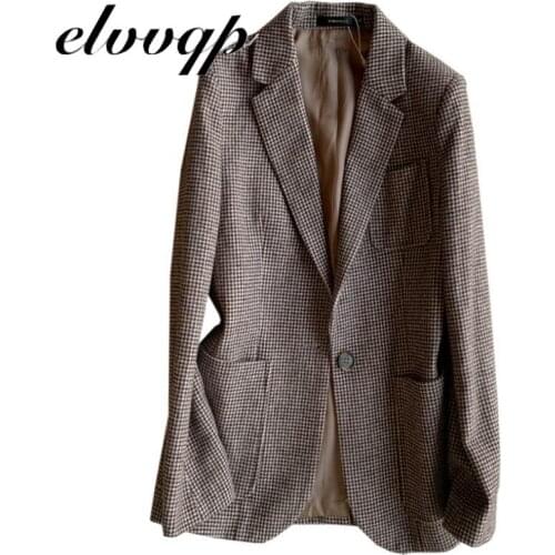 New Fashion Khaki Office Lady Blazer Women Elegant Plaid Long Sleeve Spring Autumn Casual Tops Woolen Blazer Coat Femme Jacket