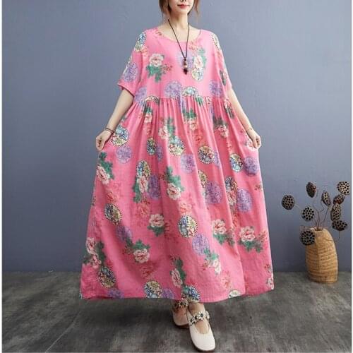 Oversized Dress 2021 New Arrival Thin Soft Cotton Linen Loose Summer Dress Print Floral Holiday Travel Casual Women Long Dress