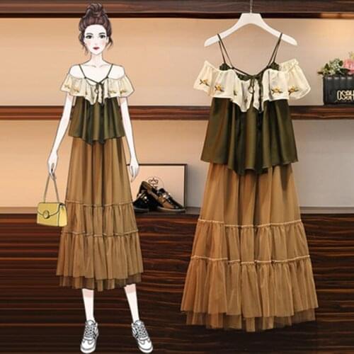 Sling Dress Womens Fashion Age-Reducing Temperament Two-Piece Ladies Vestidos Sweet Ruffle Dresses Embroidery sling Faldas