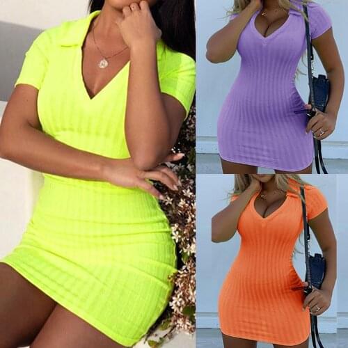 New 2021 Summer Ladies Casual V Neck Short Sleeve Dresses Woman Ribbed Bodycon One Piece Women Simple Mini Dress