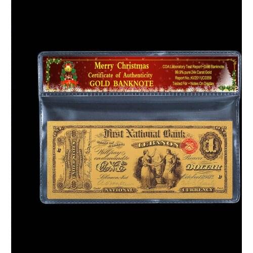 1875 Treasure commemorative coin 1 5 50 1000 USD old banknote 24k gold-plated Christmas plastic paper gift 2 pieces / Set
