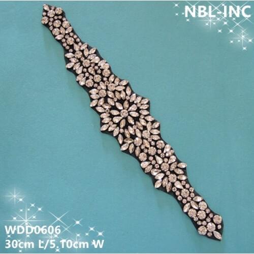 30pcs)Wholesale bridal beaded sewing gunmetal crystal rhinestone applique sash for dresses DIY iron on WDD0606