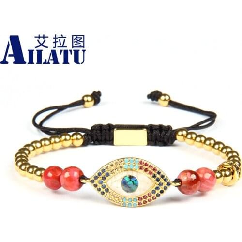 Ailatu Luxury Mens Bracelet Multi Color Cz Abalone Turkish Lucky Eye Macrame Bracelet with 4mm Stainless Steel & Stone Beads