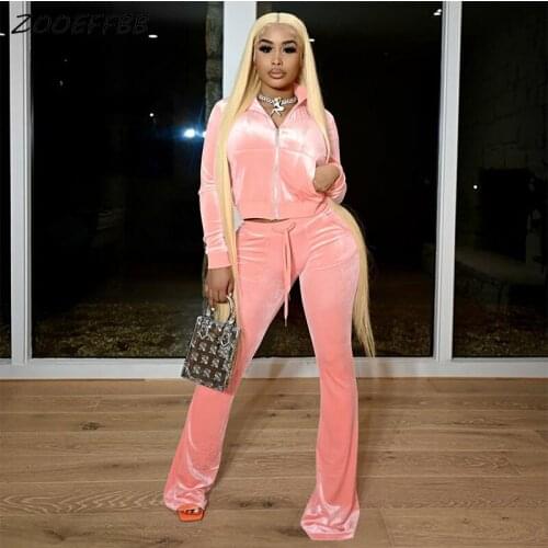 ZOOEFFBB Velvet Tracksuit Two Piece Set Fall Clothes for Women Zip Long Sleeve Sweatshirts Flare Pants Sweat Suits Matching Sets