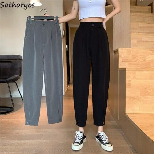 Casual Pants Women Summer Thin High Waist Solid Button Fly Office Ladies Slender Ankle-length Fashion Vintage Teens Korean Style