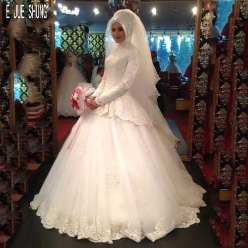 E JUE SHUNG Elegant Muslim Lace Wedding Dresses Long Sleeves High Neck Appliques Arabic Ball Gown Bridal Gowns Robe Mariage