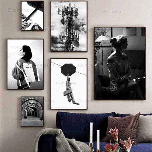 Canvas Painting Black White Scenery Nordic Funny Figure Wall Art Posters and Prints Woman Wall Pictures for Living Room Decor