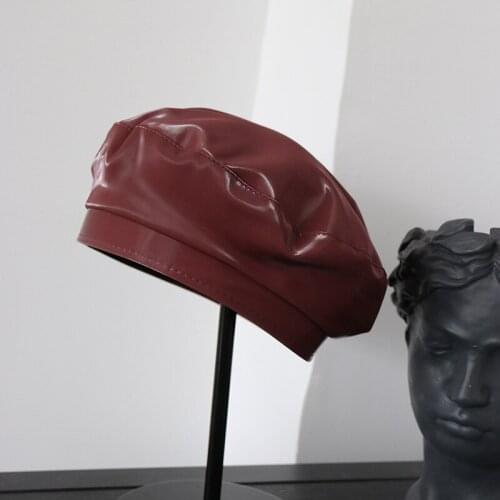 Pu Leather Hat Female Summer Thin Section Solid Color Flat Top Beret Autumn Net Red British Retro Wild Temperament Painter Hat