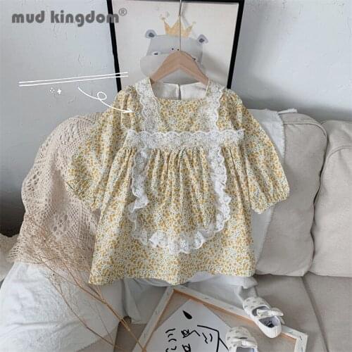Mudkingdom Floral Lace Girls Dress Crew Neck Long Puff Sleeve Square Collar Spring Autumn Dresses Princess Cute Casual Clothes