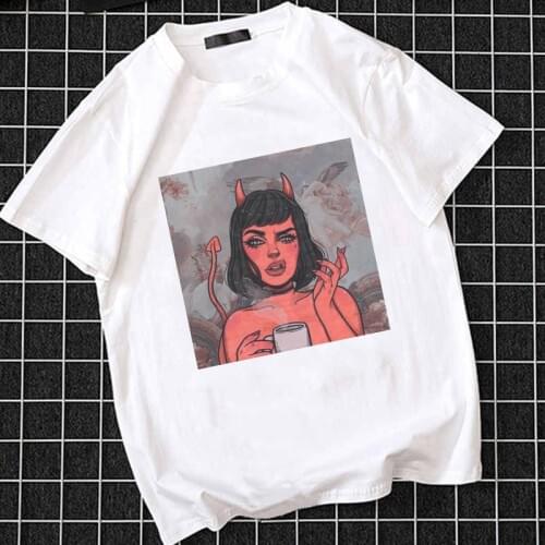 Summer White Love&Hell Print T-shirt Women Chic Harajuku Vintage Kiss Me Plus Size Tee Casual Fashion Angel&Devil Female T-shirt