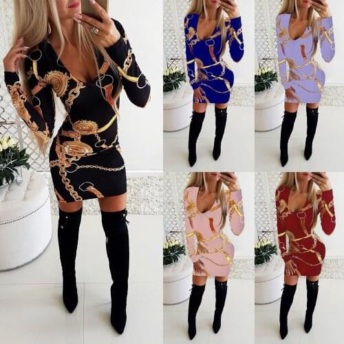 2021 Summer Fashion Chain Print Bag Hip Slim Long-sleeved Dress