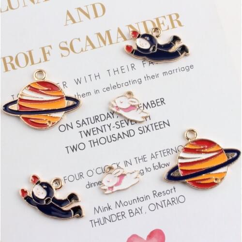Newest 10PCs Kawaii Animal Rabbit Spacemen Saturn Charms Gold Tone Plated Metal Alloy DIY Jewelry Findings Ornament Earring