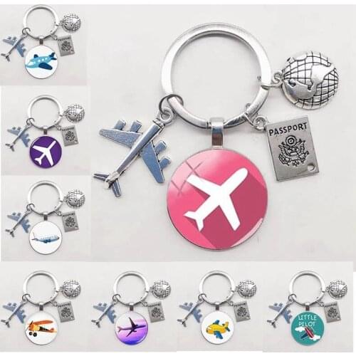 New Cute Airplane Charm Pendant Keychain Gift Cartoon Airplane Key Ring Travel Discovery Glass Dome Souvenir Charm Car Bag