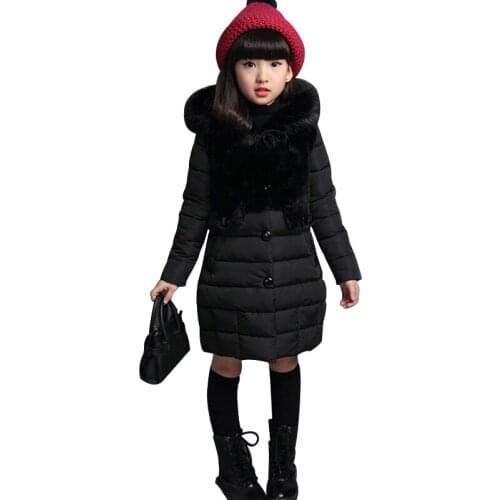 Girls winter new thick mid-length cotton coat for baby girl with big fur collar pure cotton solid color hooded warm jacket