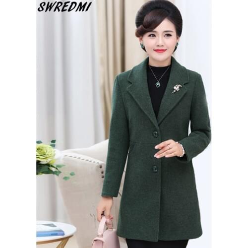 SWREDMI Casual Women Woolen Coat Long Brooch Mother Overcoat Solid Base Plus Size Female Wool Coat For Spring And Autumn