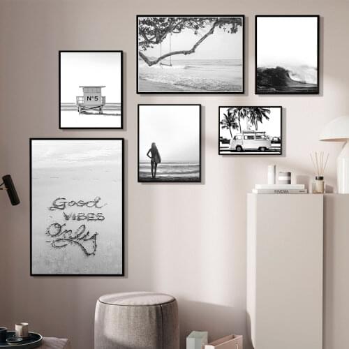 Surf Prints Wall Art Canvas Painting Black and White Pictures Modern Beach Photography Posters Print for Living Room Home Decor