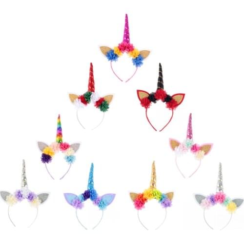 Nishine Unicorn Horn Baby Girls Hair Band Chiffon Flower Horse Ear Girls Party Headwear Birthday Gift Photography Props