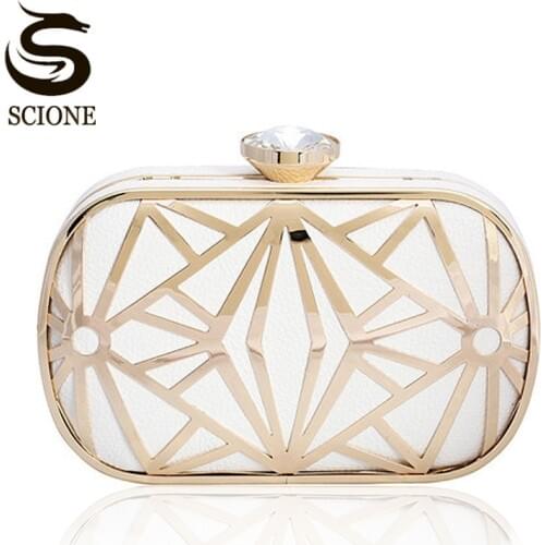 Luxurious Hollow Out Gold/White Clutch Crystal Diamond Evening Clutch Bags Purses Women Lady Bridal Chains Shoulder Handbags