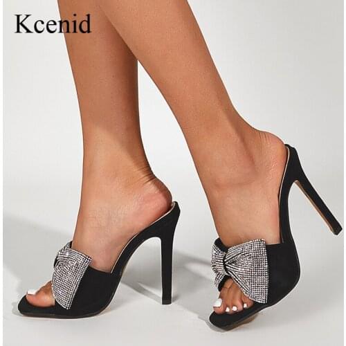 Kcenid Sexy Peep Toe Woman Pumps Slippers Fashion Crystal Rhinestone Butterfly-Knot Ladies Sandals High Heels Shoes Black White