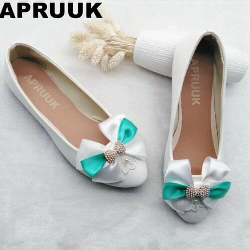 Plus size 40 41 flat shoes woman female lady green white butterfly-knot bow bowtie flat heel ceremony dinner party shoes