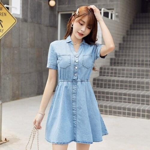 Street Short Sleeve Denim Dress Women Light Blue Pullover A-Line Dress Summer 2021 High Waist Office Lady Short Jean Dress
