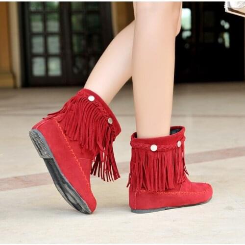 YMECHIC 2018 Autumn Flock Fringe Weave Flat Heel Ankle Tassel Womens Short Boots Plus Size Sewing Ladies Red Brown Shoes Botines