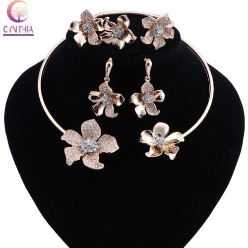 Flower Pendant Jewelry Sets For Women Necklace Earrings Bracelet Ring Gold Color Africa Dubai Party Wedding Bridal Accessories