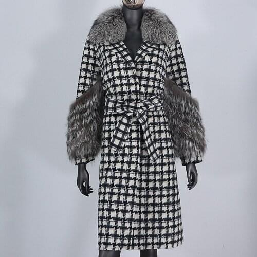 2021New Fashion X-long Plaid Cashmere Wool Blends Real Fur Coat Belt Winter Jacket Women Natural Fox Fur Collar Cuffs Streetwear