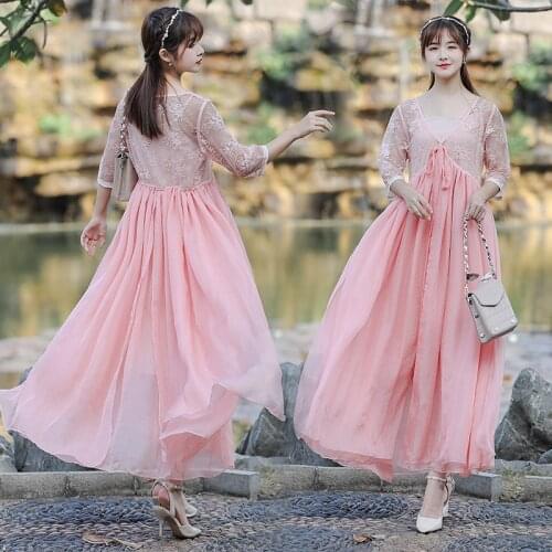 Women Retro Sling Dress + Lace Patchwork Jacket Loose V-Neck Chinese Style Two Piece Plus Size Female Party Improved Hanfu